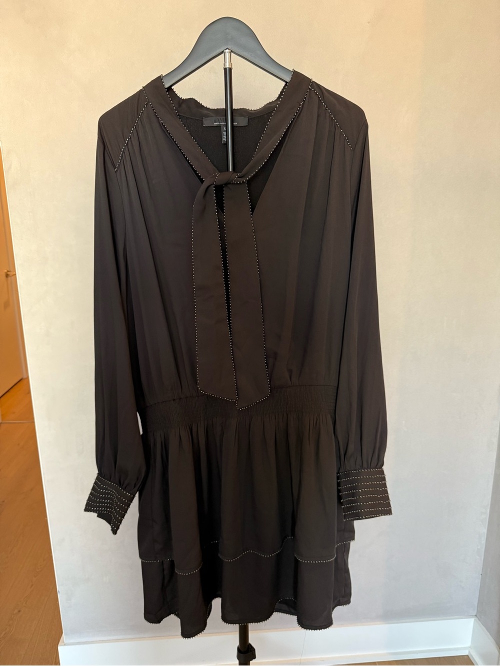White House Black Market Black Long-Sleeve Tie-Neck Tiered Mini Dress
